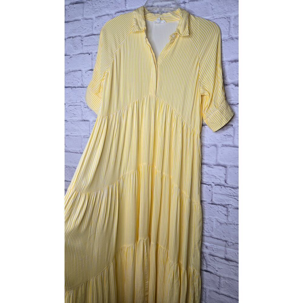A Loves A Pinstripe Print Collar 3/4 Cuff Sleeve Tiered Midi Shirt Dress XS. - Picture 5 of 8
